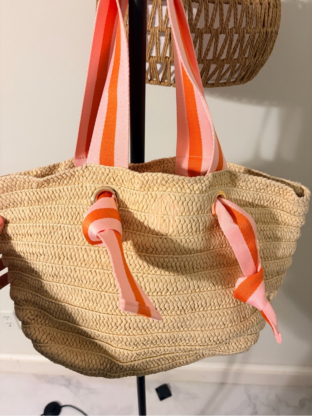 Mark & Graham Straw Tote with Pink and Orange Striped Handles